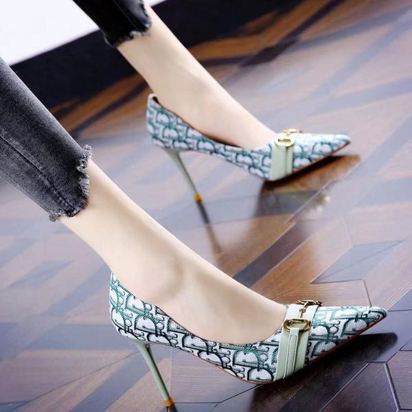 

dress shoes hkxn printed color matching stiletto high heels women's 2021 autumn evening pointed metal buckle single t, Black