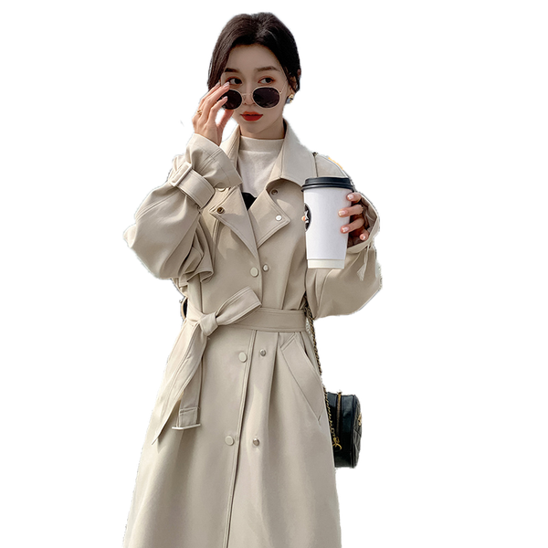 

fashion windbreaker women's mid-length 2021 spring autumn korean waisted british style over-the-knee women trench coats f034, Tan;black