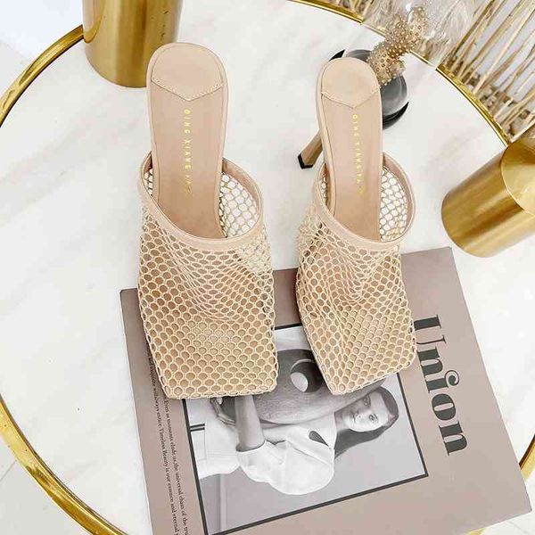 

sandals hollow breathable mesh woman thin high heels slippers summer vintage square toe mules femme shoes pumps xs68, Black