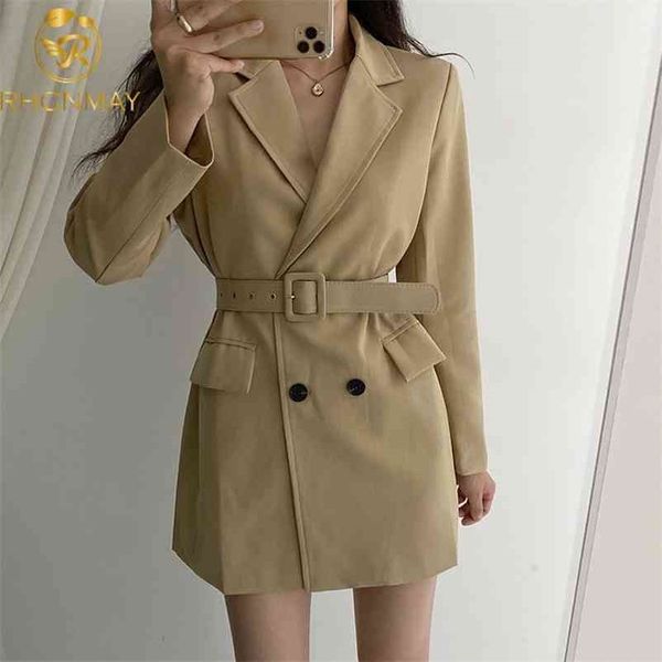 

elegant chic autumn notched collar blazers coat women office ladies double-breasted khaki long sleeve with belt 210520, White;black