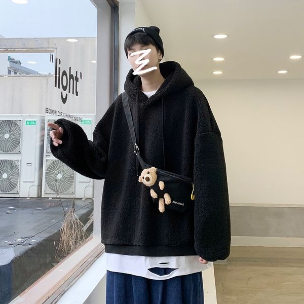 

men's hoodies & sweatshirts bag of weighed cotton bear, coats with wool hood two parts, keep the heat, pullover loose, in solid, casual, Black