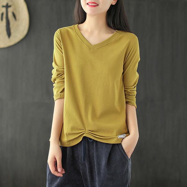 

women's t-shirt japanese and korean foreign trade tail brand cut label cotton long-sleeved v-neck peplum slimming solid, White