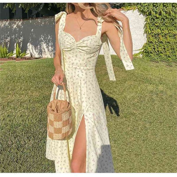 

yellow print dres side split floral ladies summer sleeveless tie up bow strap elegant midi es casual 210701, Black;gray