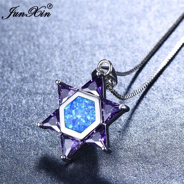 

pendant necklaces cute female purple hexagon pendants boho blue white fire opal necklace fashion silver color wedding jewelry