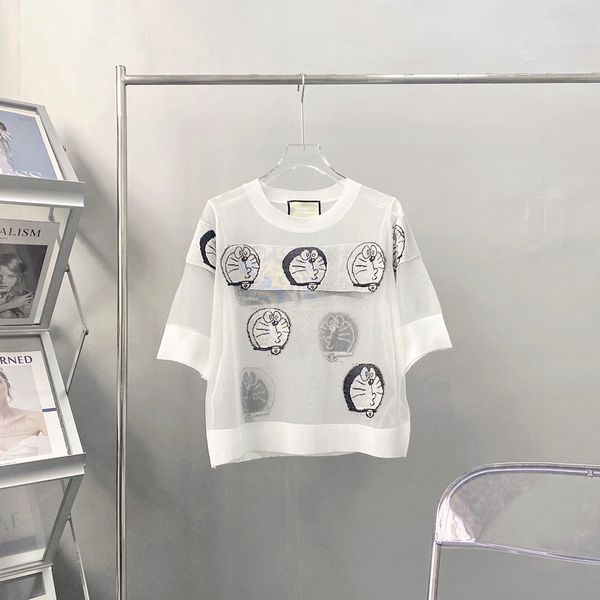 

design clothing 2021 summer new + blue fat cartoon 5-sleeve thin semi transparent t-shirt for women, White