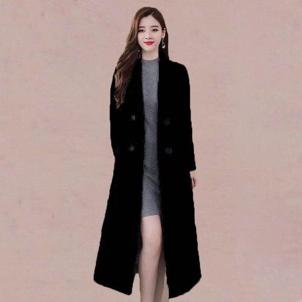 

women's wool & blends autumn winter faux woolen coat korean plus size double breasted warm thick long solid slim jacket female, Black