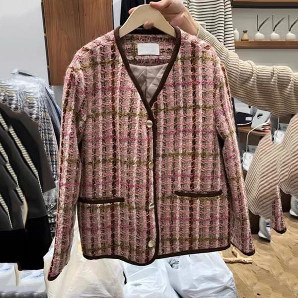

women's jackets [ewq] korea chic autumn winter color contrast plaid v-neck women's single breasted tweed coat female tide 2021 16e2, Black;brown