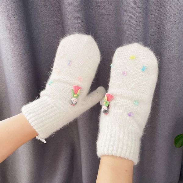 

five fingers gloves cashmere knitted autumn and winter thicken full finger mittens for girls warm cartoon doll decoration gift, Blue;gray