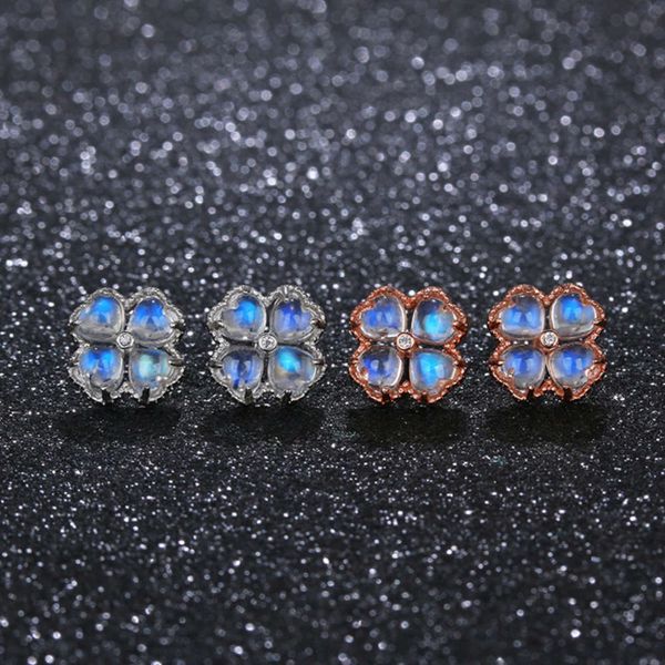 

mengyuange 4mm clover natural sri lanka moonstone inlaid 925 tremella nail, Black