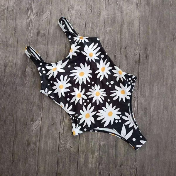 

women's swimwear one-piece backless summer beach bikini daisy printing swimsuit for (black, White;black