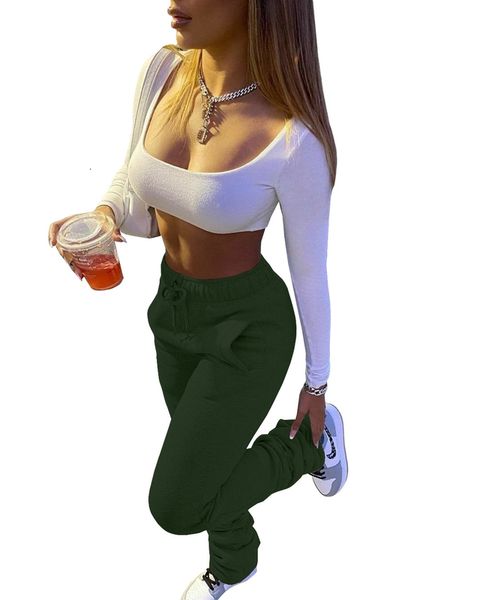 

pants solid colour women heavy sweater fabric sports casual drawstring stack trousers with pockets ladies fashion leggings, Gray