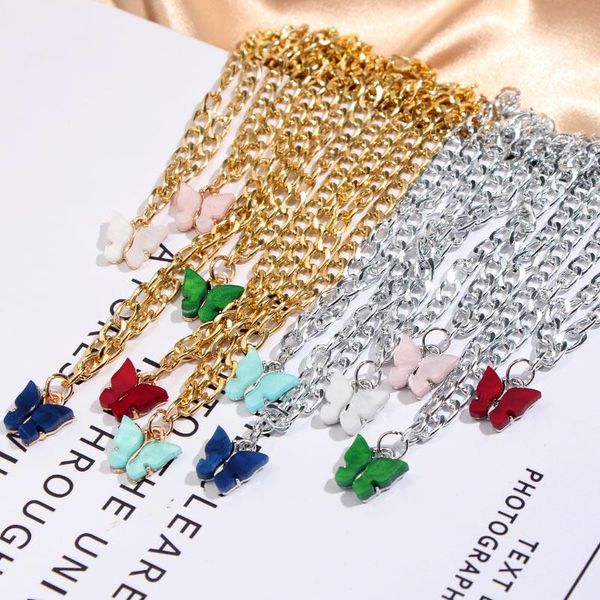 

chains 2pcs/sets trendy acrylic butterfly necklace for women boho animal pendant metal choker necklaces statement jewelry party gifts, Silver