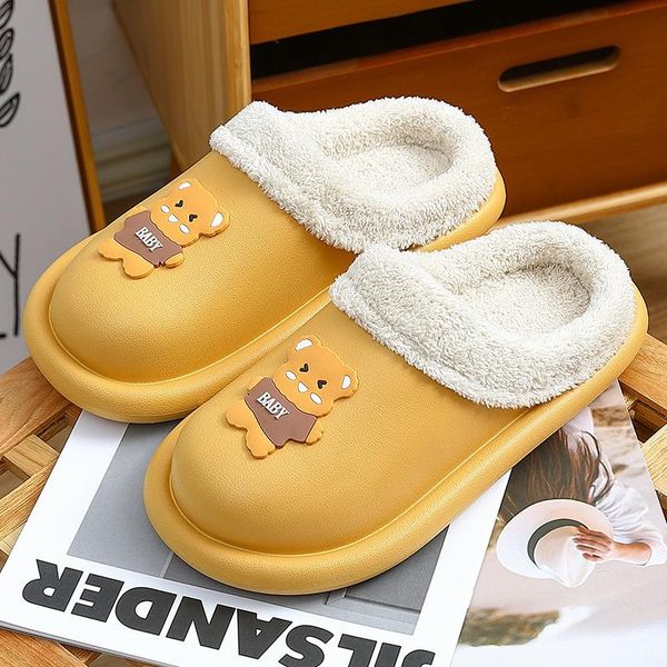 

slippers winter warm plush waterproof cartoon bear women men indoor couples home slipper thick sole shoes, Black