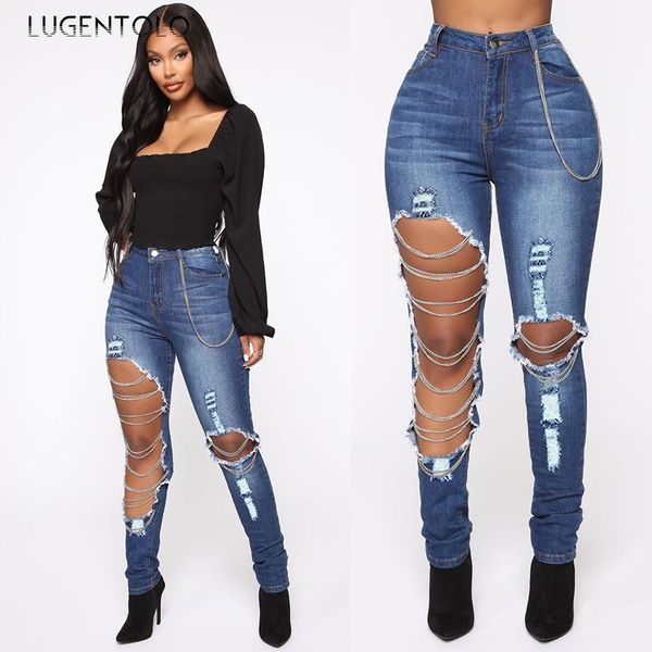 

lugentolo jeans women hole early spring high waist tight chain elastic solid famale long pencil women's, Blue