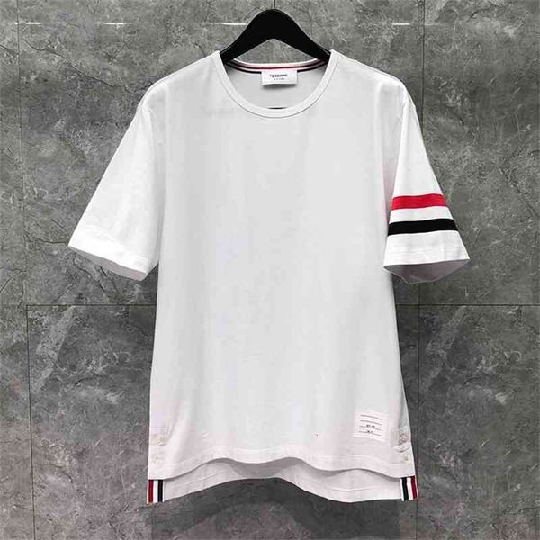 

t shirt fashion tb thom brand t-shirt men short sleeve casual clothing solid striped summer white o-neck 100% cotton t-shirts, White;black