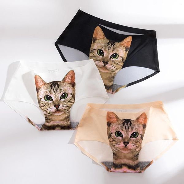 

women's panties 3 pcs/lot women 3d pussycat underwear mid-rise ice silk female lingerie briefs underpants comfortable&breathable, Black;pink
