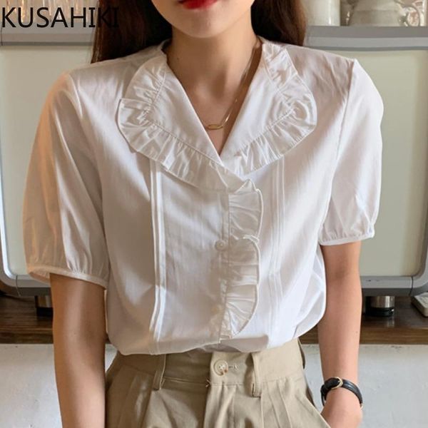 

women's blouses & shirts kusahiki chic ruffle notched collar blouse korean elegant puff sleeve woman summer 2021 blusas de mujer 6k109, White