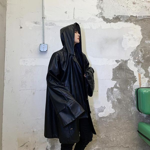 

men's trench coats men hip hop gothic windbreaker streetwear fashion loose casual leather jacket hooded coat male women cloak outerwear, Tan;black