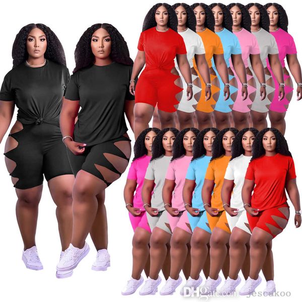 

summer women plus size sports tracksuits two pieces pants outfits short sleeve t-shirt hollow out kink shorts elastic casual jogging suits, Black