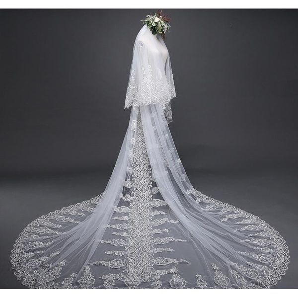 

bridal veils 4m*3m long wedding veil ivory with comb soft tulle floral applique, Black