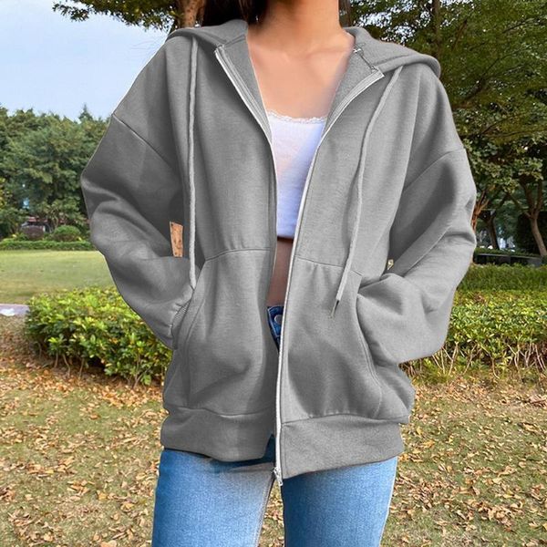 

women's hoodies & sweatshirts women loose zip up long sleeve solid color plush lined hooded white gray blue green, Black