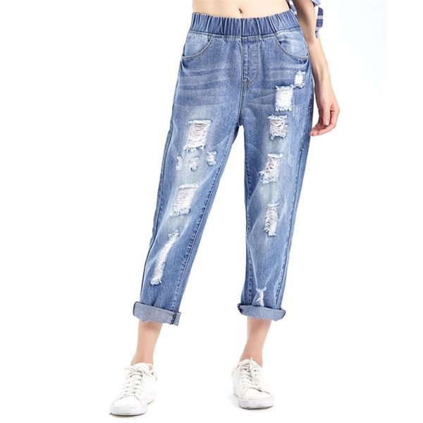 

ripped jeans for women high waist loose softener plus size light blue ankle-length denim harem pants 6xl 7xl 8xl 210629