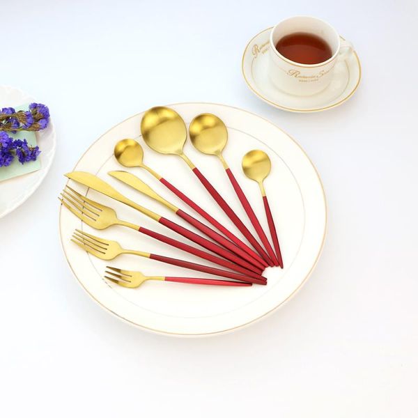 

flatware sets black gold cutlery set matte stainless steel dinnerware knife cake fork spoon kitchen dinner tableware