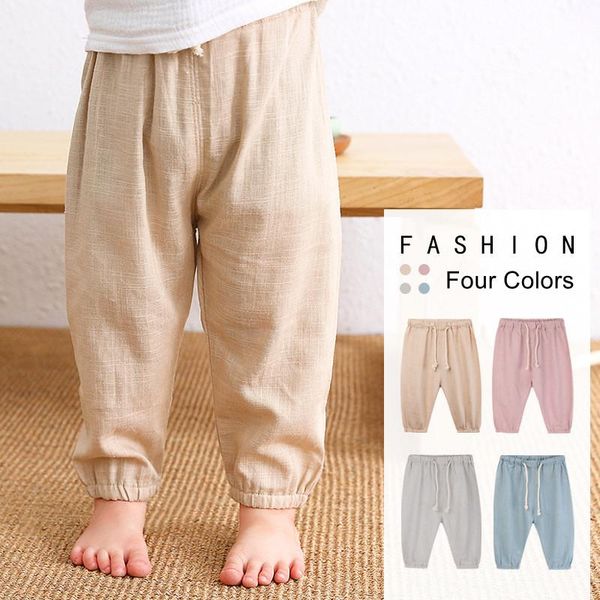 

trousers vintage summer solid color linen children ankle-length pants autumn thin harem for baby 2-7y fashion simple kids, Blue