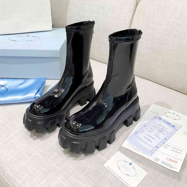 

designers monolith chelsea boots rois women patent leather platform ankle boot black pull-on chunky combat booties original box