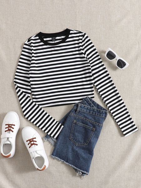

striped round neck tee 902q#, White
