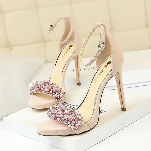 

2021 new summer women sandals high thin heel buckle solid pearl fashion ladies women shoes pink female high heels sandals, Black