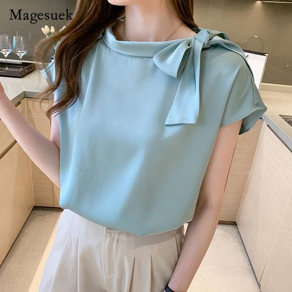 

women's blouses & shirts elegant casual plus size clothing 2021 summer short sleeve satin woman o neck bow women blusas 14342, White