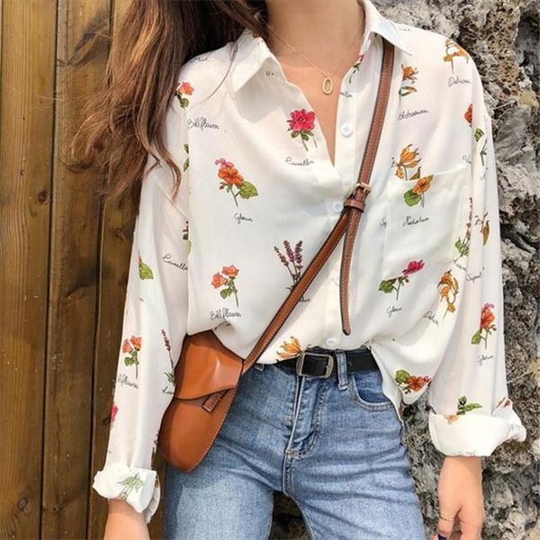 

floral print korean fashion casual womens shirt long sleeve cute and blouses, White
