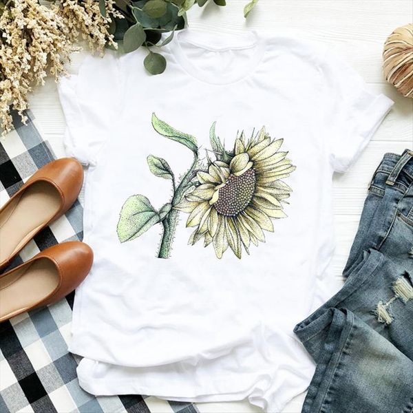 

sunflower flower clothing floral fashion womens summer tee clothes graphic, White