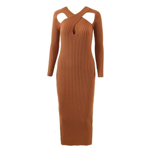 

casual dresses autumn elegant sweater dress women's clothing 2021 simple pure cross-breasted openwork knitted bag hip office lady, Black;gray