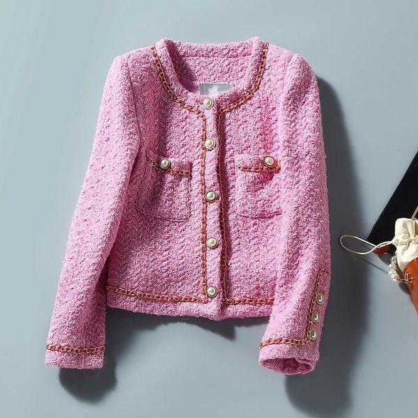 

women's wool & blends european and american clothing winter 2022 long-sleeved round collar fashion chain pocket tweed coat, Black