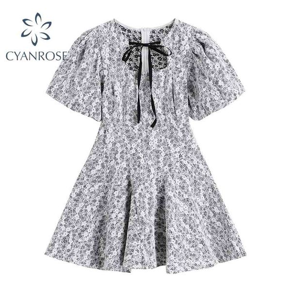 

summer korean sweet floral print dresses women trendy bow lace up vintage dress lady chic lantern short sleeve clothing casual 210515, Black;gray