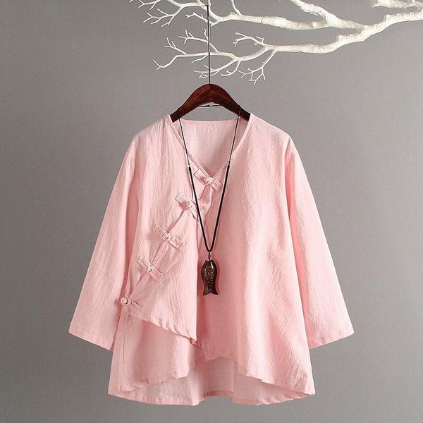 

women's blouses & shirts chinese style spring and summer female retro shirt loose camisa handmade button cotton linen 7 colors, White