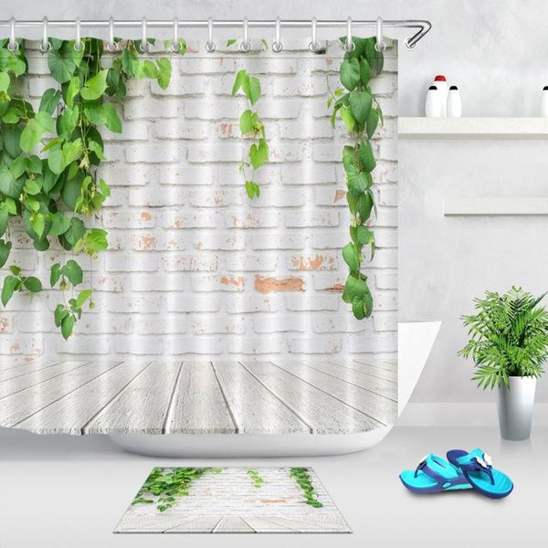 

shower curtains green plant leaves white brick wall and wooden floor bathroom curtain waterproof fabric for art bathtub decor