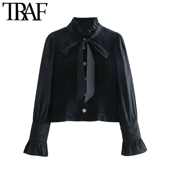

traf women fashion with bow tie patchwork denim cropped blouses vintage long sleeve button-up female shirts chic 210415, White