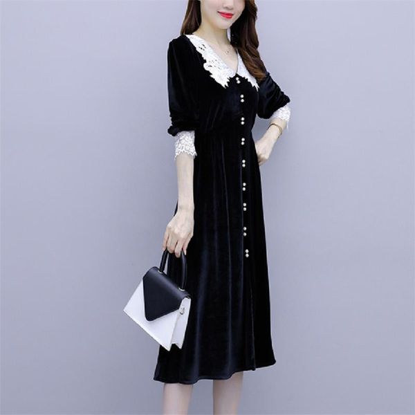 

casual dresses autumn winter elegant solid velvet dress women lace long sleeve party a-line vestidos female mujer, Black;gray