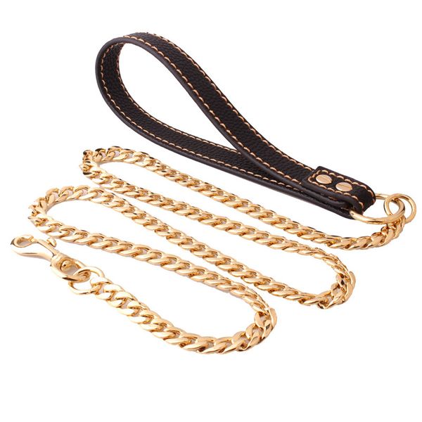 Cadeia de couro luxo Cão de trelas de tração dourado Corda de aço inoxidável Correntes de metal cordas 125cm
