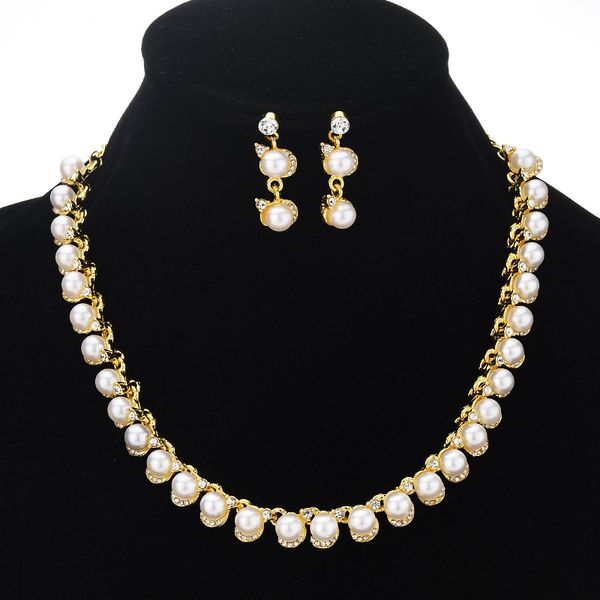 

european and american exaggerated jewelry fashion big-name necklace earrings set bride pearl korean female formal party accessories, White