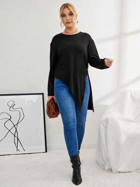 

plus drop shoulder asymmetrical hem tee u9wl#, Black