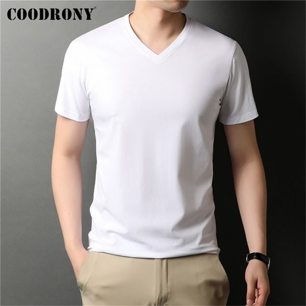 COODRONY Marca di Alta Qualità Estate Fresco Cotone Tee Top Classico Colore Puro Casual Scollo A V Manica Corta T Shirt Uomo Abbigliamento C5201S 220309