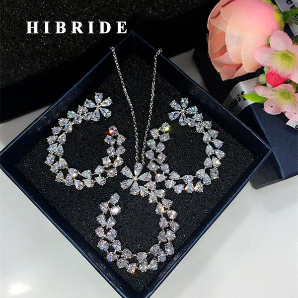 

earrings & necklace hibride luxury clear cubic zircon women jewelry sets bridal wedding pendant earring set parure bijoux femme n-297, Silver