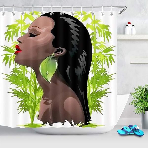 

african woman shower curtain for bathroom, african american black girl with green leaf shaped earrings bamboo leaves fabric