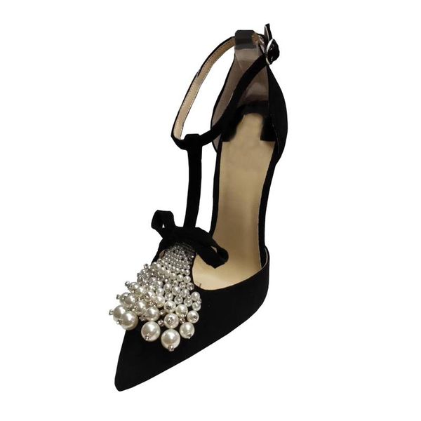 

latest design bead buckle t-strap ankle strap suede cloth genuine leather inside women dress sandals shoes thin high heels, Black