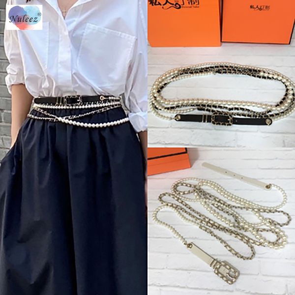 

nuleez beautiful pearls belt women cowhide through the copper chain slim long cummerbunds female delicate gift for girlfriend, Silver
