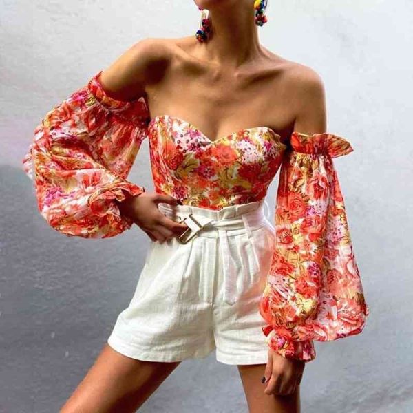 

off shoulder ruffles summer crop fashion women holiday beach shirt vintage leaf printed elegant female blouse 210410, White